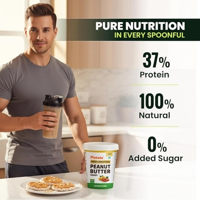 PINTOLA 37% Whey Protein Added Unsweetened Peanut Butter | 510g | 0% Sugar & 100% Roasted Peanuts | No Preservatives & No Artificial Flavours | Natural Oil on Top - Stir Well - Image 3